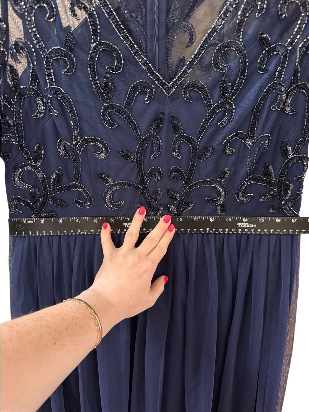 Papell Studio Navy Blue Beaded Mesh Formal Gown Dress Plus Size 16 - Picture 10 of 16
